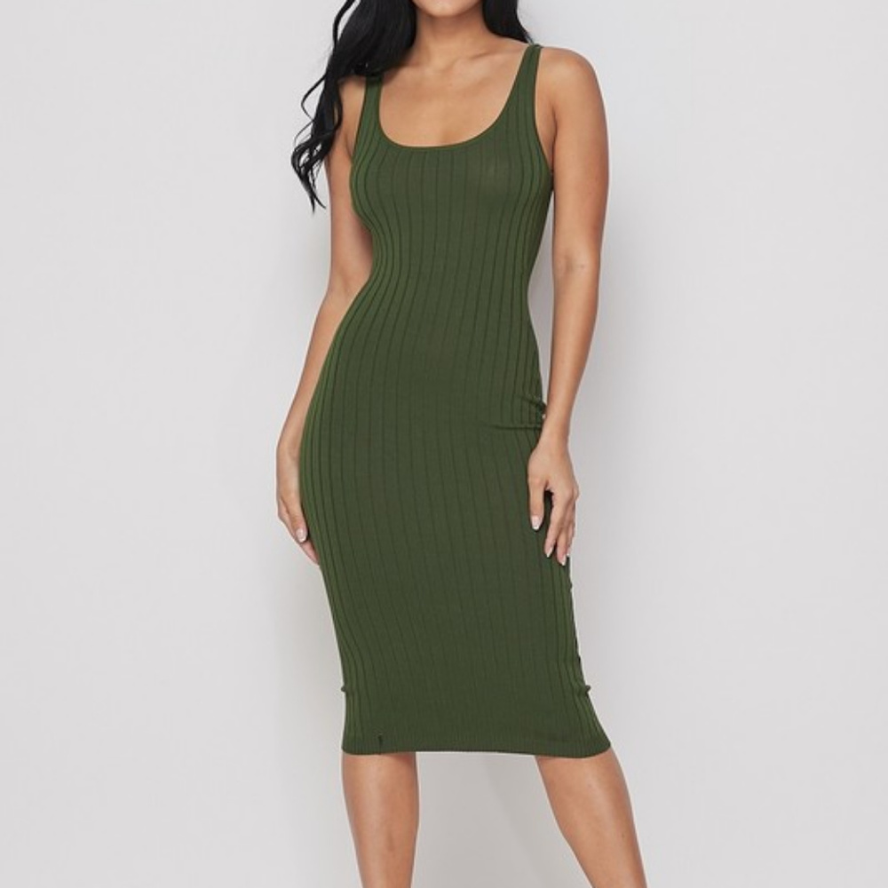 Olive Green Ribbed Knit Midi Dress